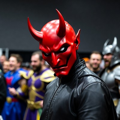 Man wearing red Oni demon mask