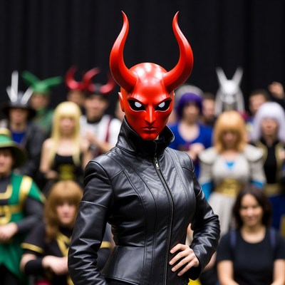 Woman in red demon mask cosplay
