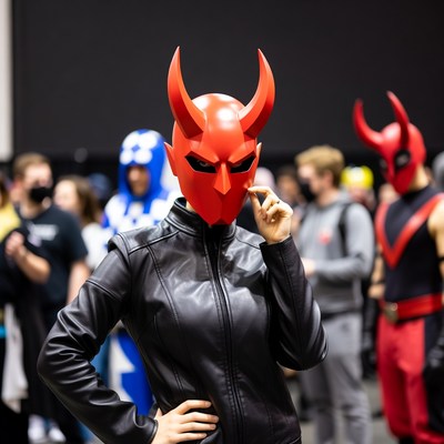 Woman in Red Demon Mask Cosplay