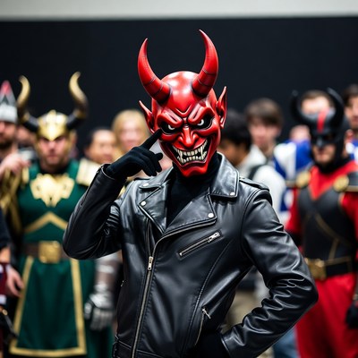 Man in red demon mask with crowd