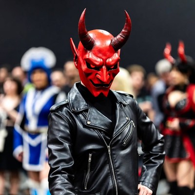 Man in red Oni mask leather jacket
