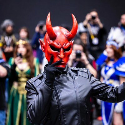 Demon Mask Cosplayer in Leather Jacket