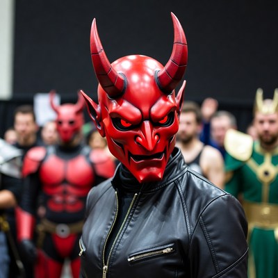 Woman wearing red Oni demon mask