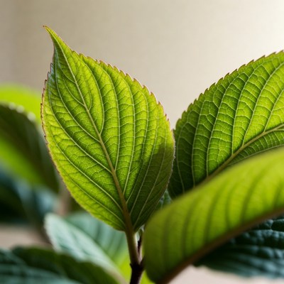 Close-up of vibrant green hydrangea leaves