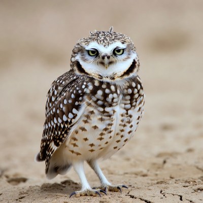 Burrowing owl standing on sand