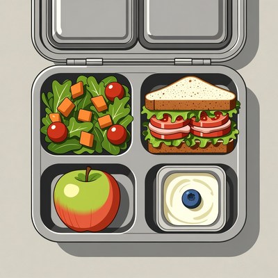 Open Lunchbox with Salad Sandwich Apple Yogurt