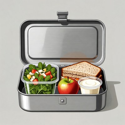 Open Metal Lunchbox with Salad Sandwich Apple