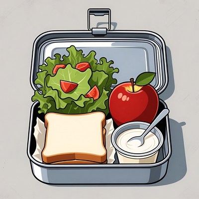 Open lunchbox with salad apple sandwich