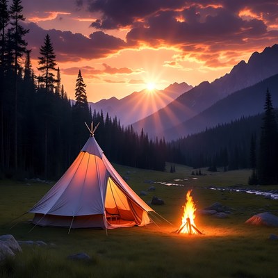 Teepee Campfire Sunset Mountains