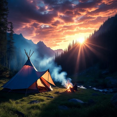 Man camping by teepee tent at sunset