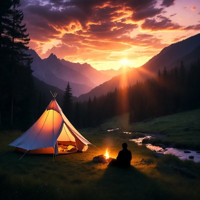 Man camping by tent at sunset mountains