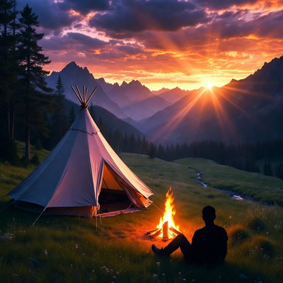 Man Silhouette by Campfire at Sunset Mountains