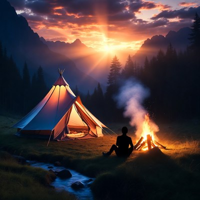 Man sitting by campfire near tent at sunset