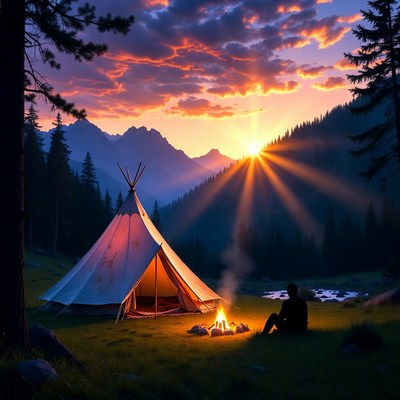 Man camping by teepee at sunset