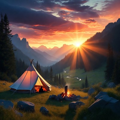 Tent and Campfire at Sunset Mountains