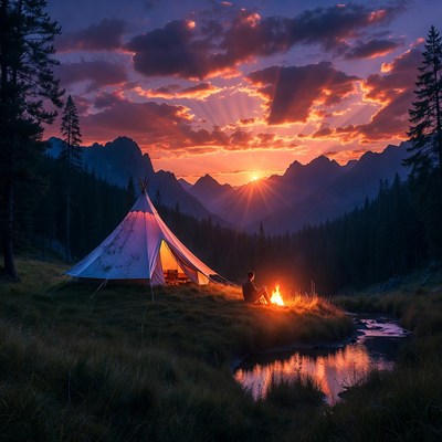 Man camping by campfire at sunset