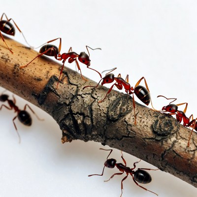 Red ants crawling on branch