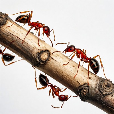 Red ants crawling on branch