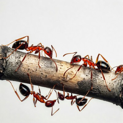 Red ants crawling on wood