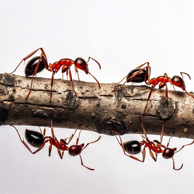 Red ants crawling on wood branch