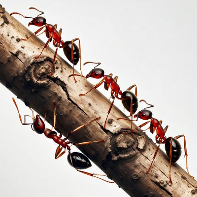 Red ants crawling on branch
