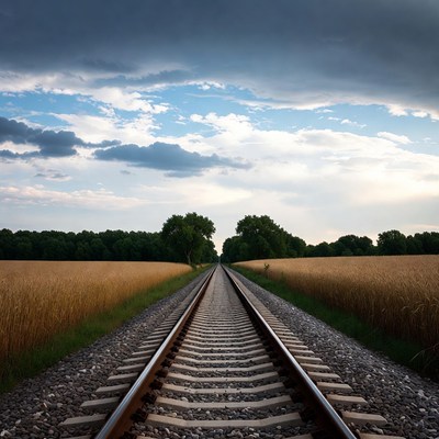 Railroad tracks through wheat field