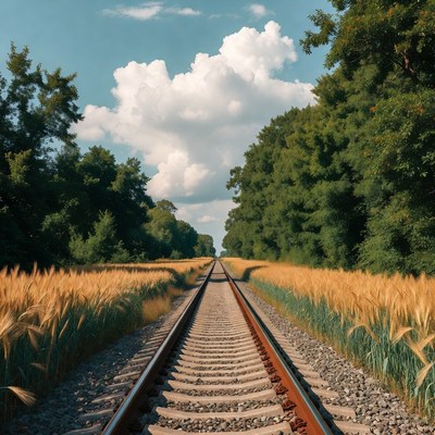 Railroad tracks through golden wheat fields