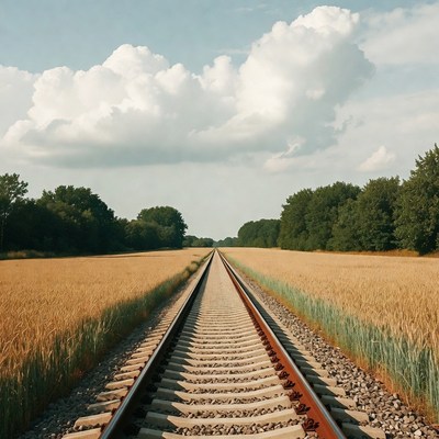 Railroad tracks through wheat field