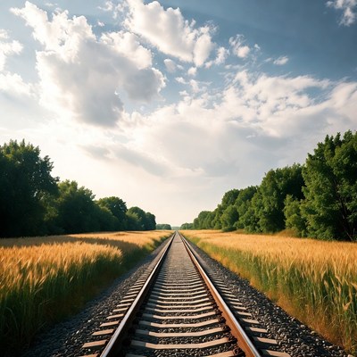 Railroad tracks through golden wheat field
