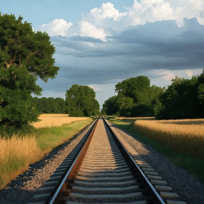 Railroad tracks through wheat fields