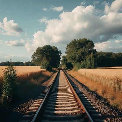 Train tracks through wheat fields