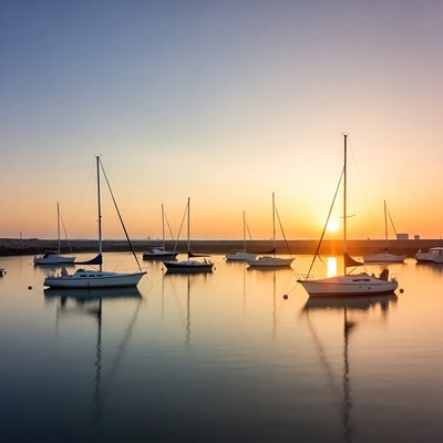 Sailboats in marina at sunset