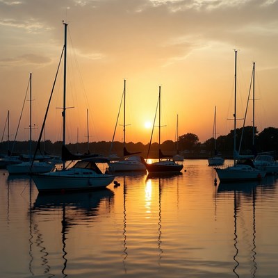 Sailboats at Sunset Harbor Reflection