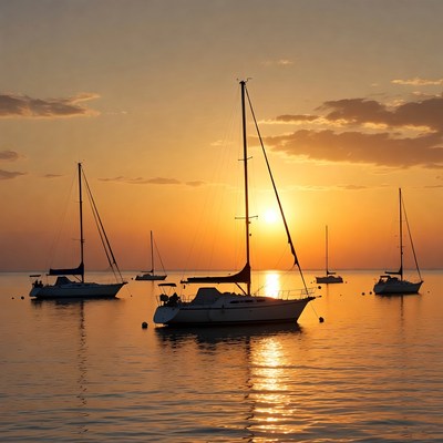 Sailboats at Sunset on Calm Water