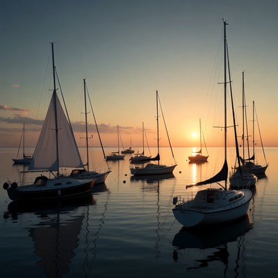 Sailboats at Sunset on Calm Water