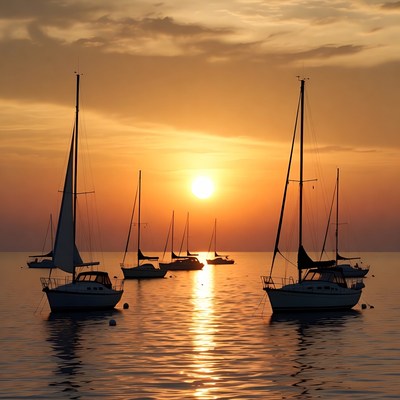 Sailboats Silhouetted at Sunset