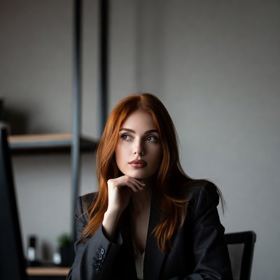 Redhead woman thinking at desk