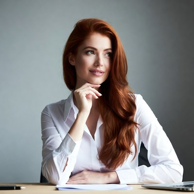 Redhead woman thinking at desk