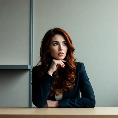 Redhead woman thinking at desk