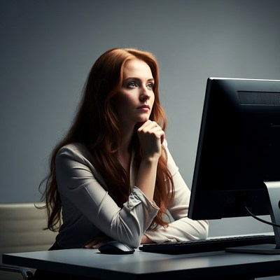 Redhead woman thinking at computer desk