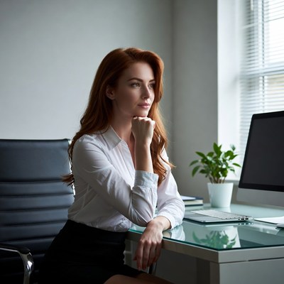 Redhead woman thinking at office desk