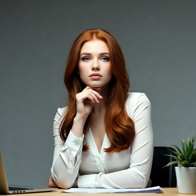 Redhead woman thinking at desk
