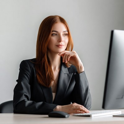 Redhead woman thinking at office desk
