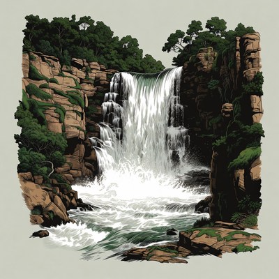 Waterfall cascading between green cliffs