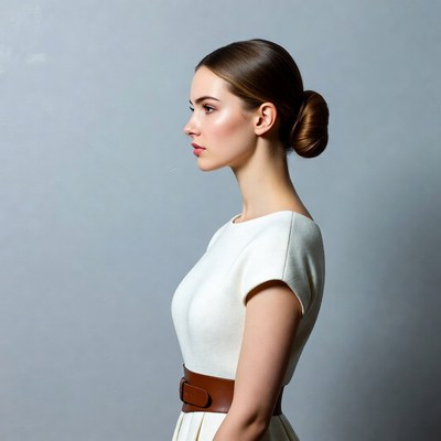 Woman in white dress with bun hairstyle