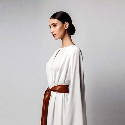 Woman in white dress with brown belt