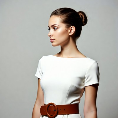 Woman in white dress with brown belt