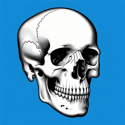 White skull on blue background