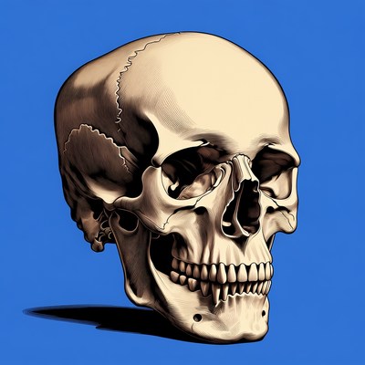 Human skull illustration on blue background