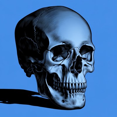 Blue Illustration of Human Skull